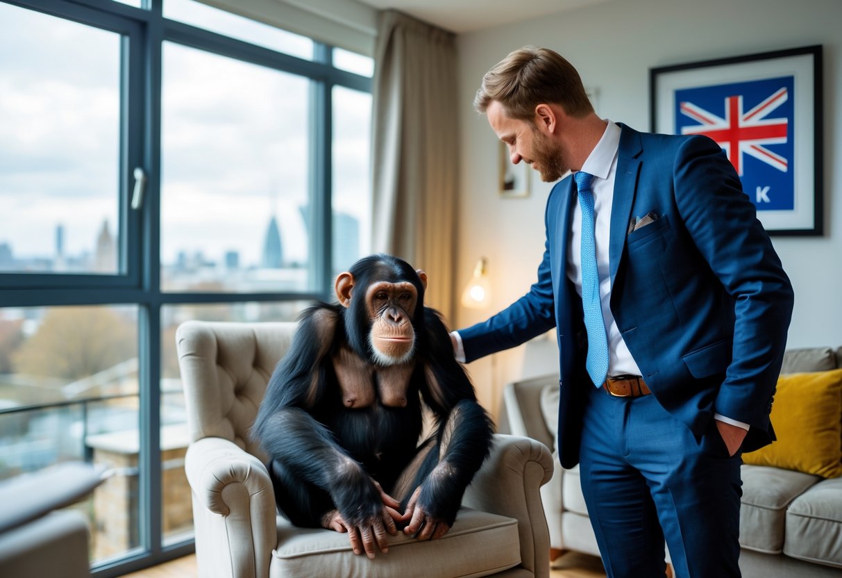 A person gently interacting with a chimpanzee in a modern living room with a view of a British city.