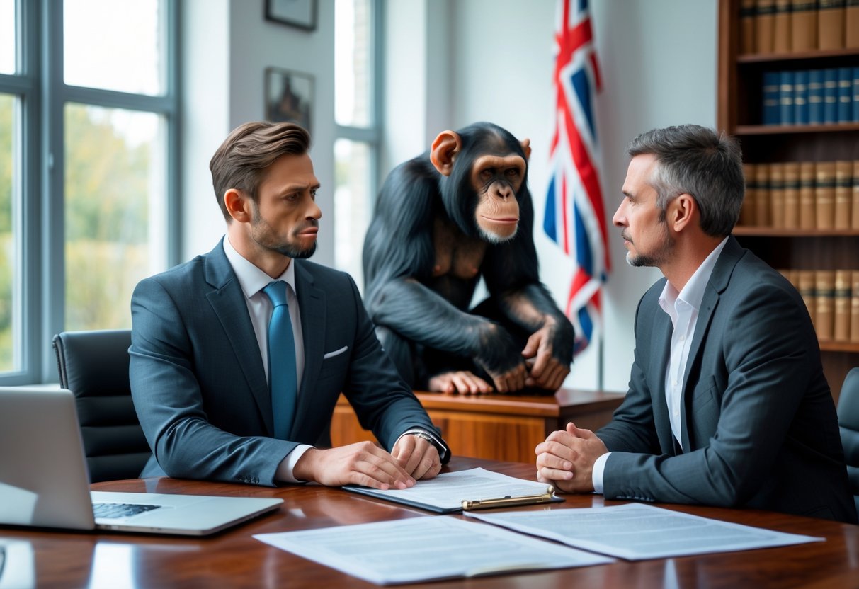 A lawyer consulting with a person in an office, with a chimpanzee sculpture and British flag in the background.