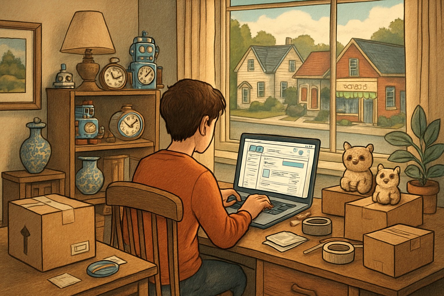 A person working at a desk with a laptop and packing boxes in a cozy home office, with a small town visible outside the window.