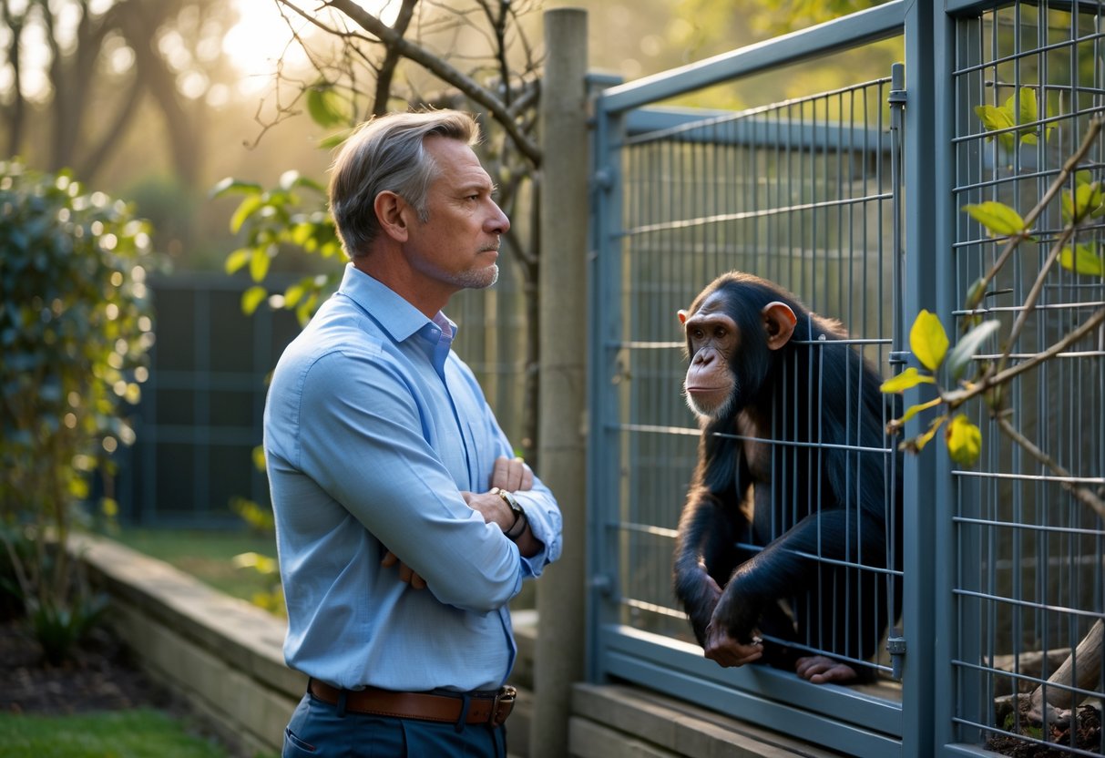 A person standing near a secure outdoor enclosure observing a chimpanzee inside.