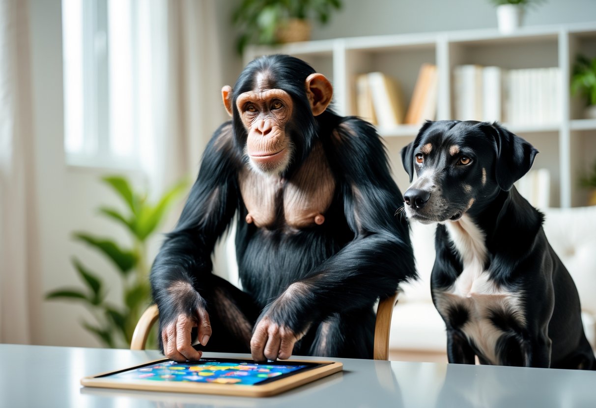 A chimpanzee and a dog sitting side by side indoors, both looking attentively at a puzzle on a table.