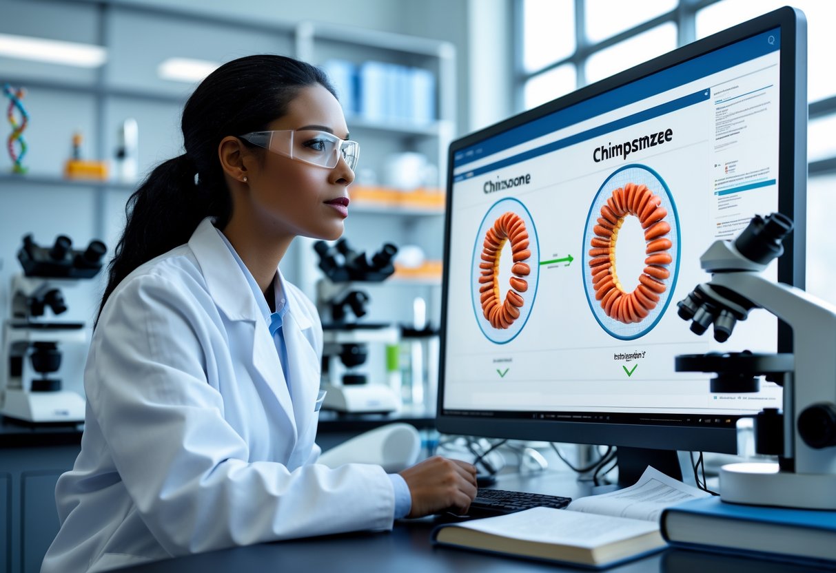 A scientist in a lab coat studies 3D models of human and chimpanzee chromosomes displayed on a digital screen in a laboratory.