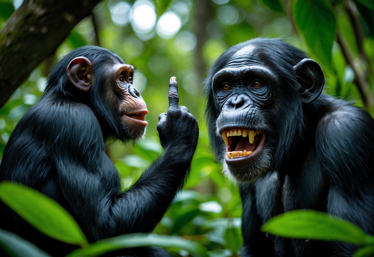 A person reaches toward a chimpanzee in a forest, and the chimpanzee looks agitated and defensive.