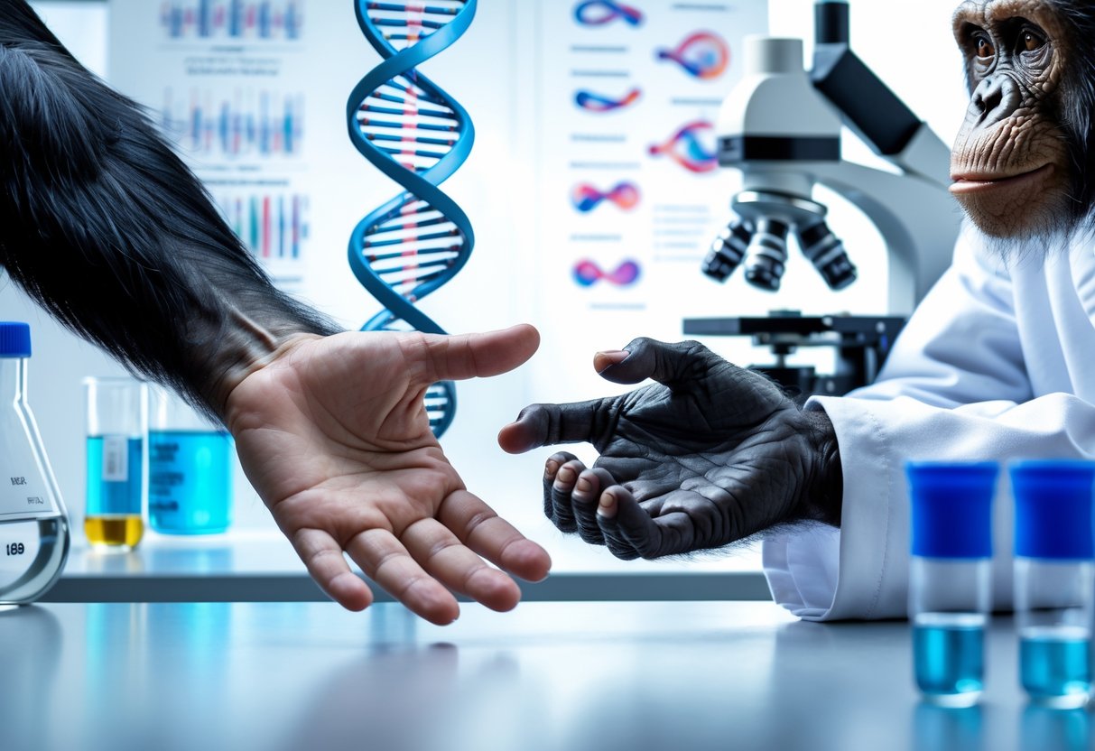 A human hand and a chimpanzee hand reaching toward each other in a laboratory setting with DNA models and scientific equipment in the background.