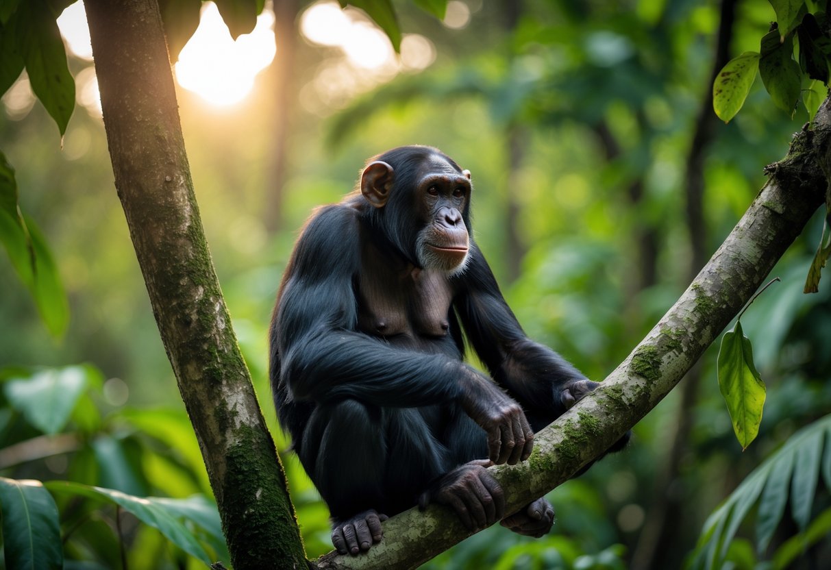 A person observing a chimpanzee sitting calmly on a tree branch in a green jungle from a safe distance.