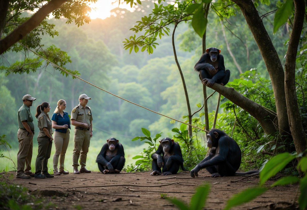 People observing chimpanzees from a safe distance in a forest, showing respectful and cautious behavior around the animals.