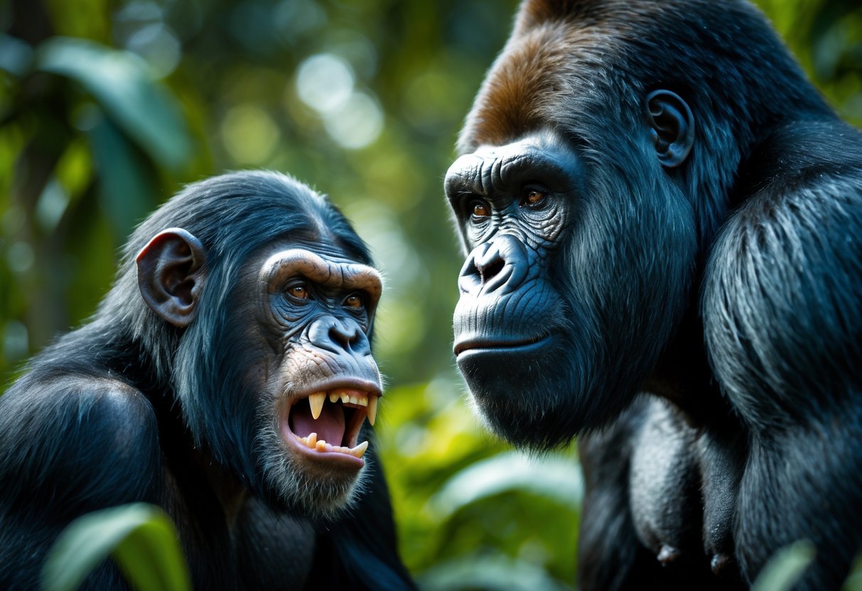A chimpanzee and a gorilla facing each other aggressively in a dense jungle setting.