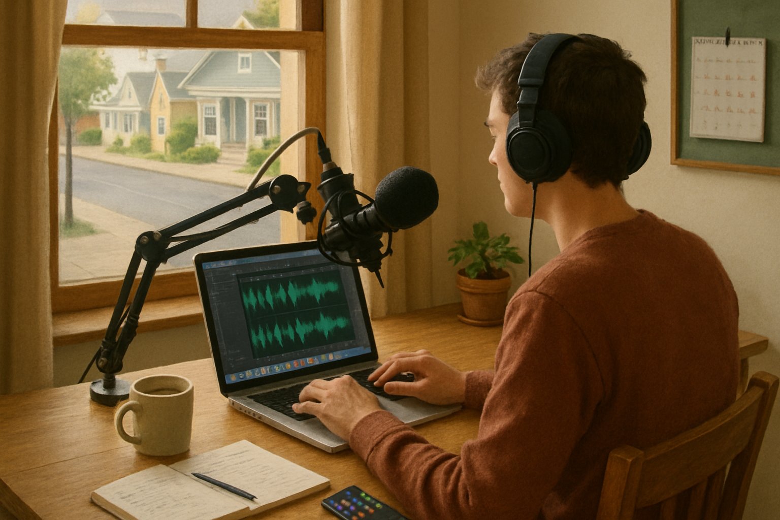A person recording a podcast at a desk in a cozy small town home office with a microphone, laptop, and window showing quiet houses outside.