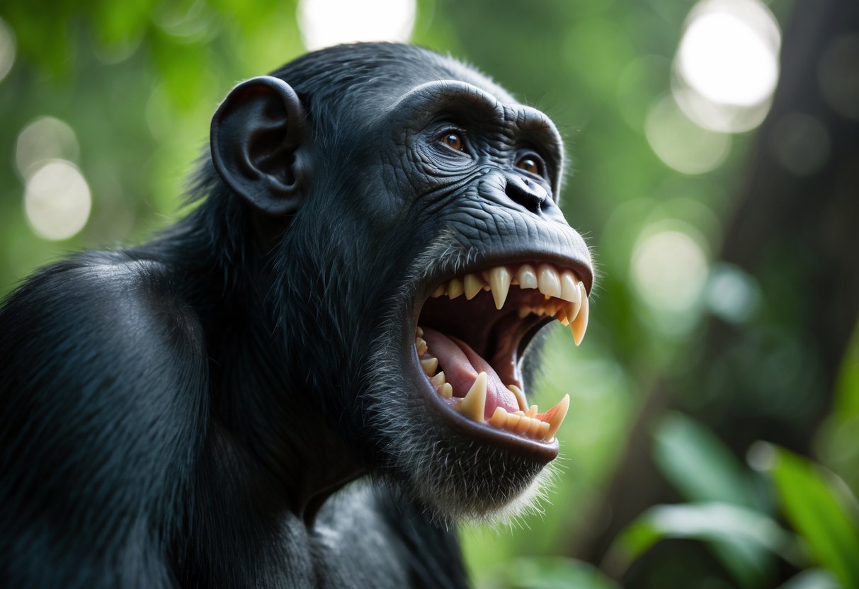 Close-up of a chimpanzee's open mouth showing its teeth in a forest setting.
