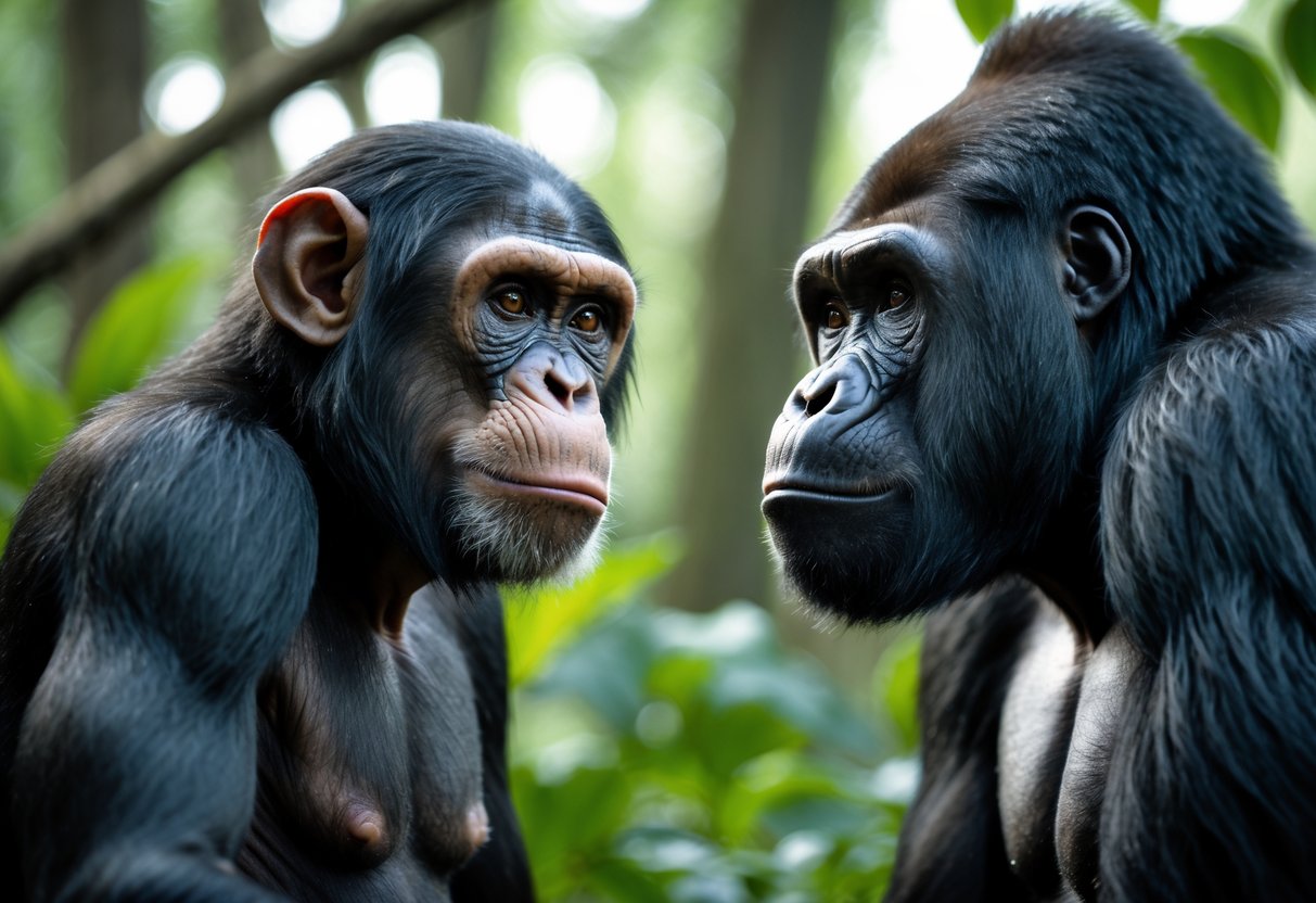 A close-up of a chimpanzee and a gorilla facing each other in a forest setting.