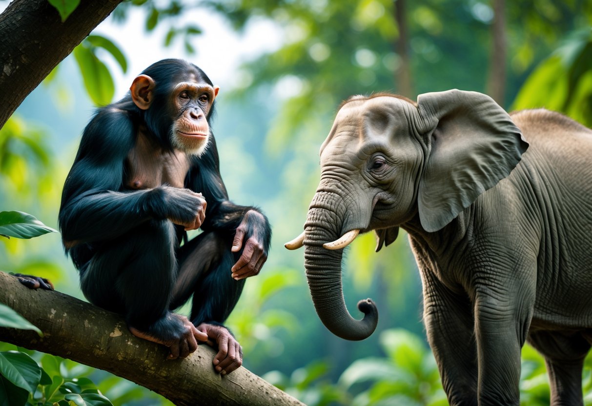 A chimpanzee sitting on a tree branch looking at an elephant standing on the ground in a jungle.