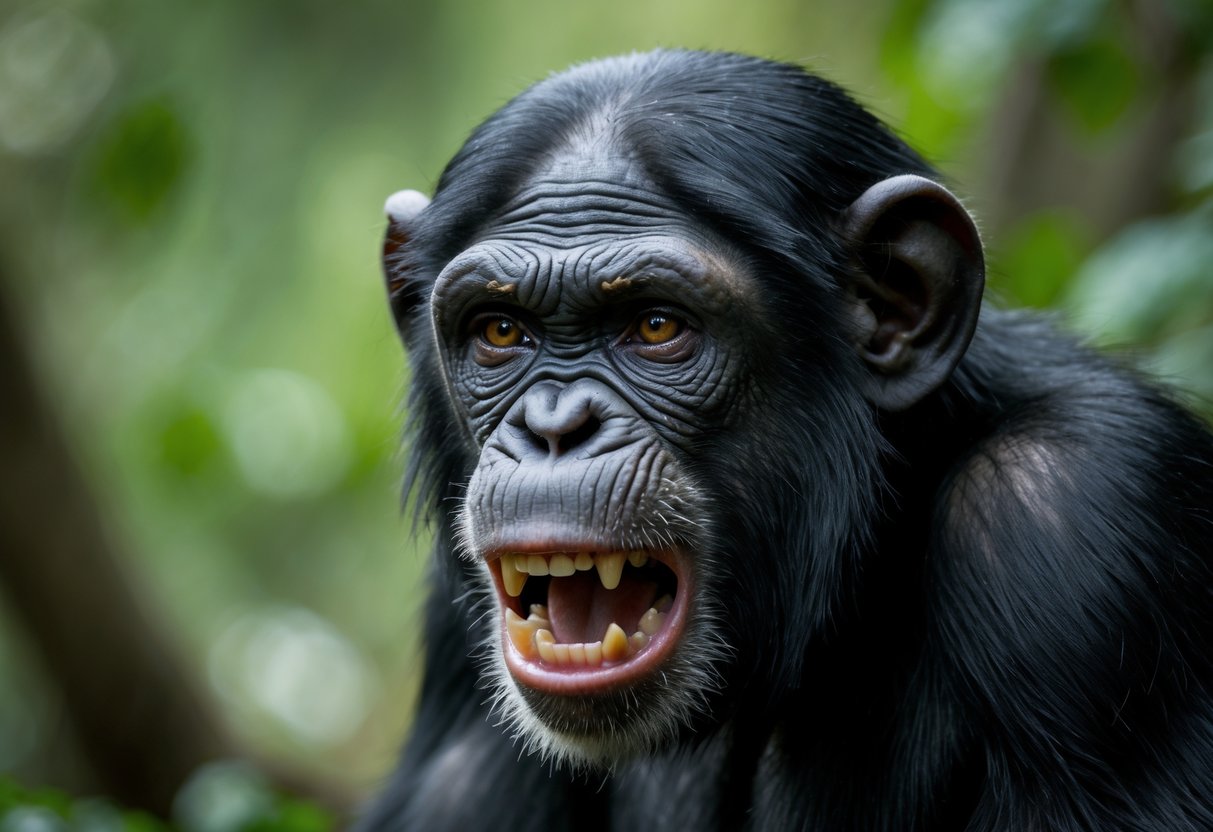 Close-up of a chimpanzee showing an angry facial expression in a forest setting.