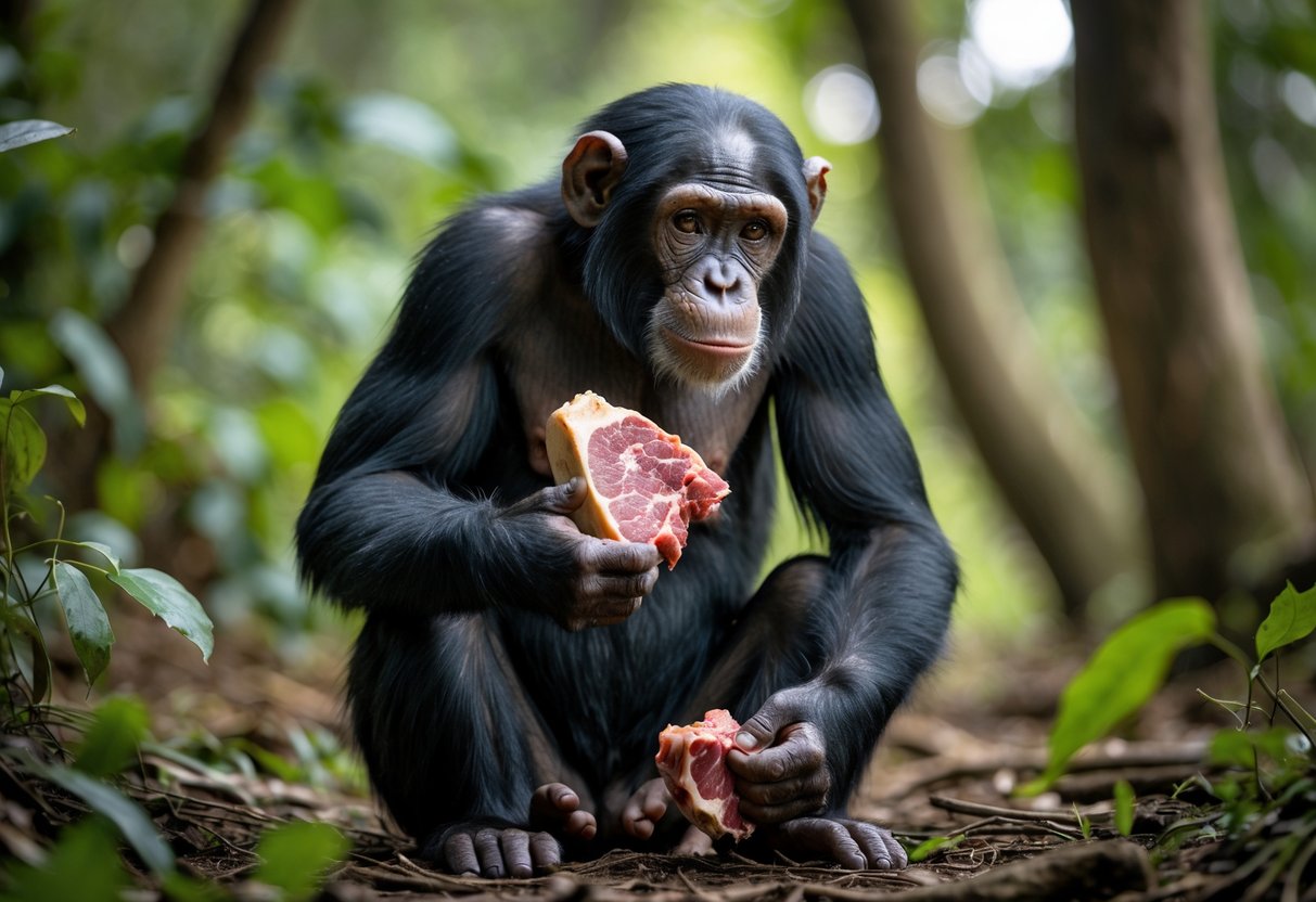 A chimpanzee sitting in a forest holding a piece of raw meat.