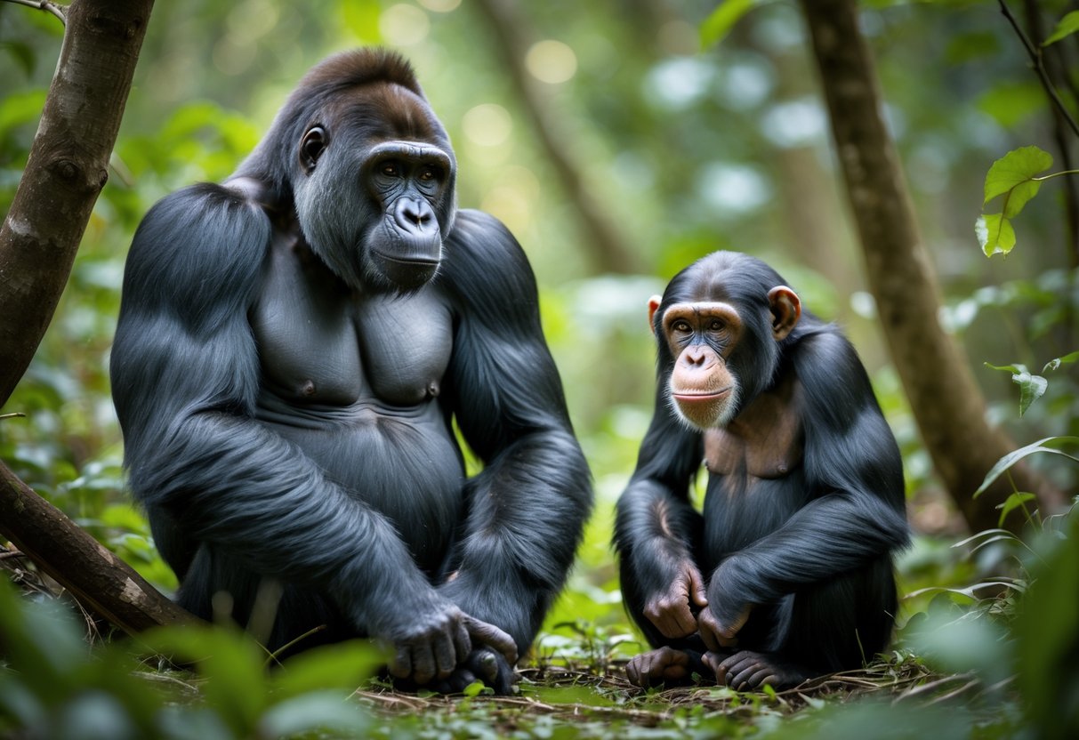 A gorilla and a chimpanzee sitting near each other in a forest surrounded by green foliage.