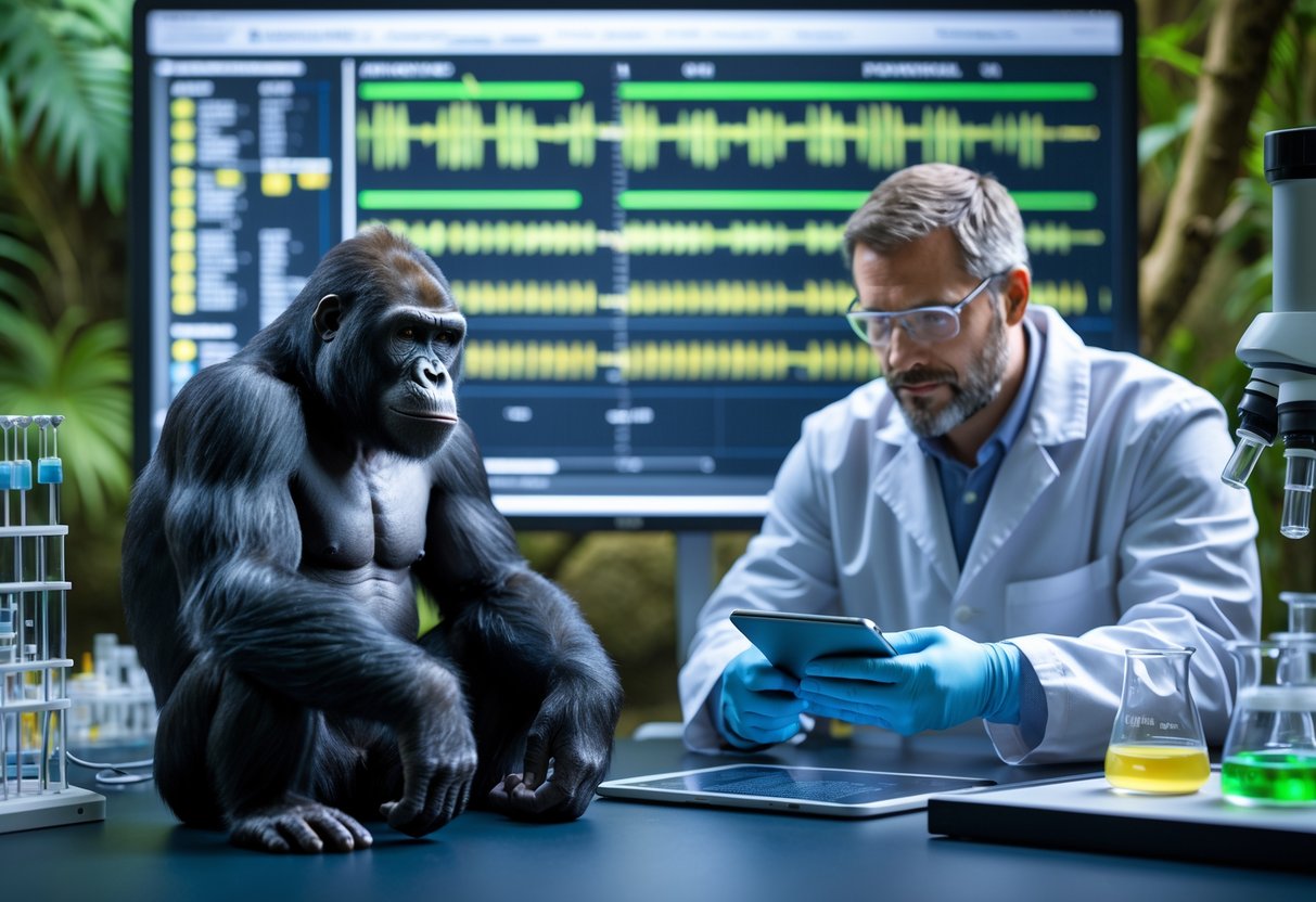 A gorilla and a chimpanzee sitting side by side in a jungle-like setting with a scientist analyzing genetic data in a laboratory nearby.