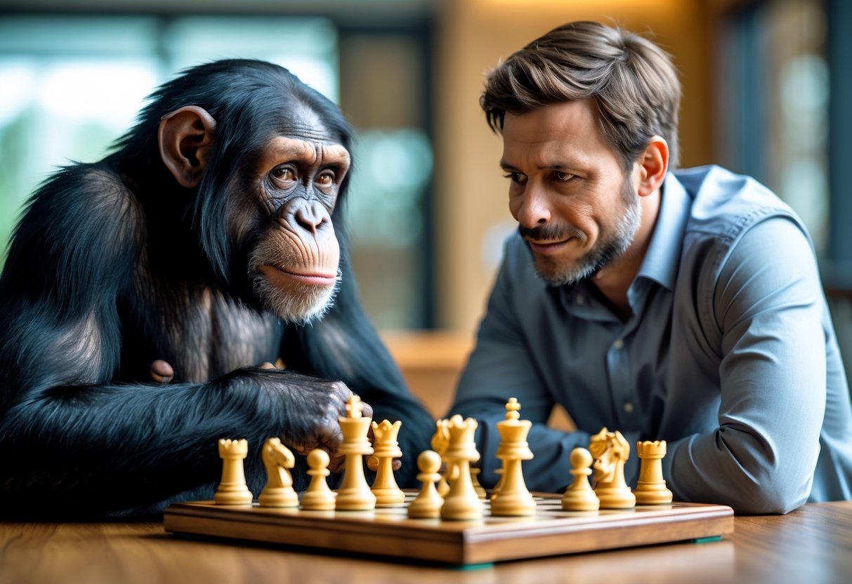 A chimpanzee and a man sitting at a table, both focused on a chessboard between them.