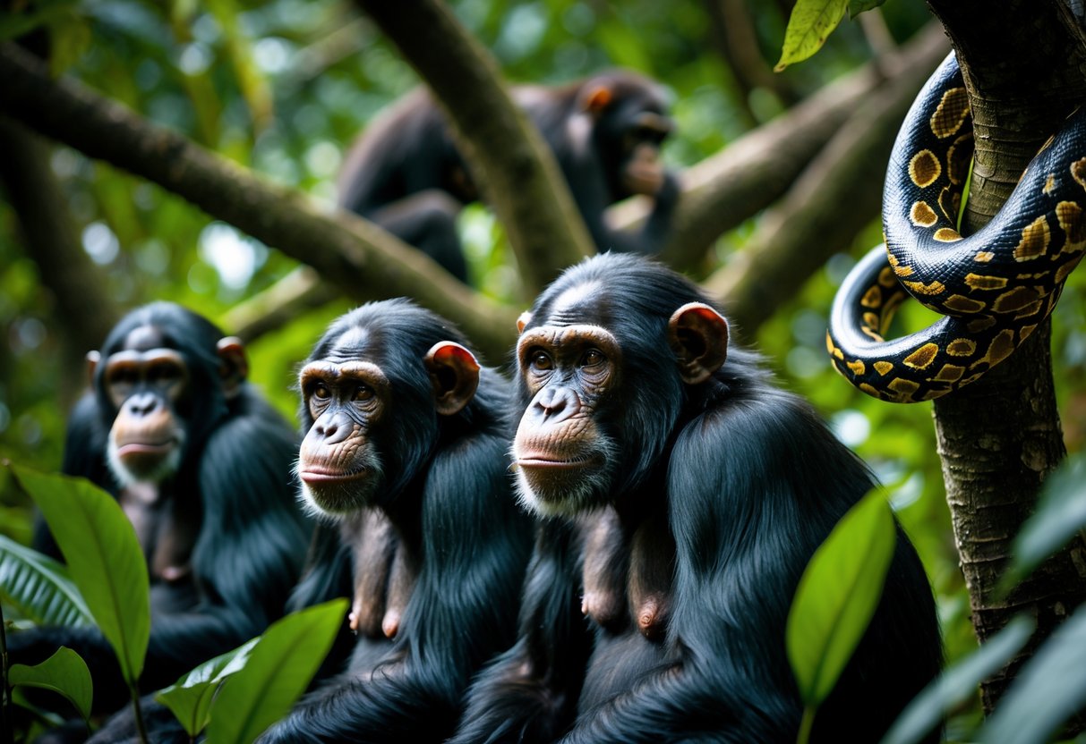 Chimpanzees in a jungle with a leopard hidden in the foliage and a python on a tree branch nearby.