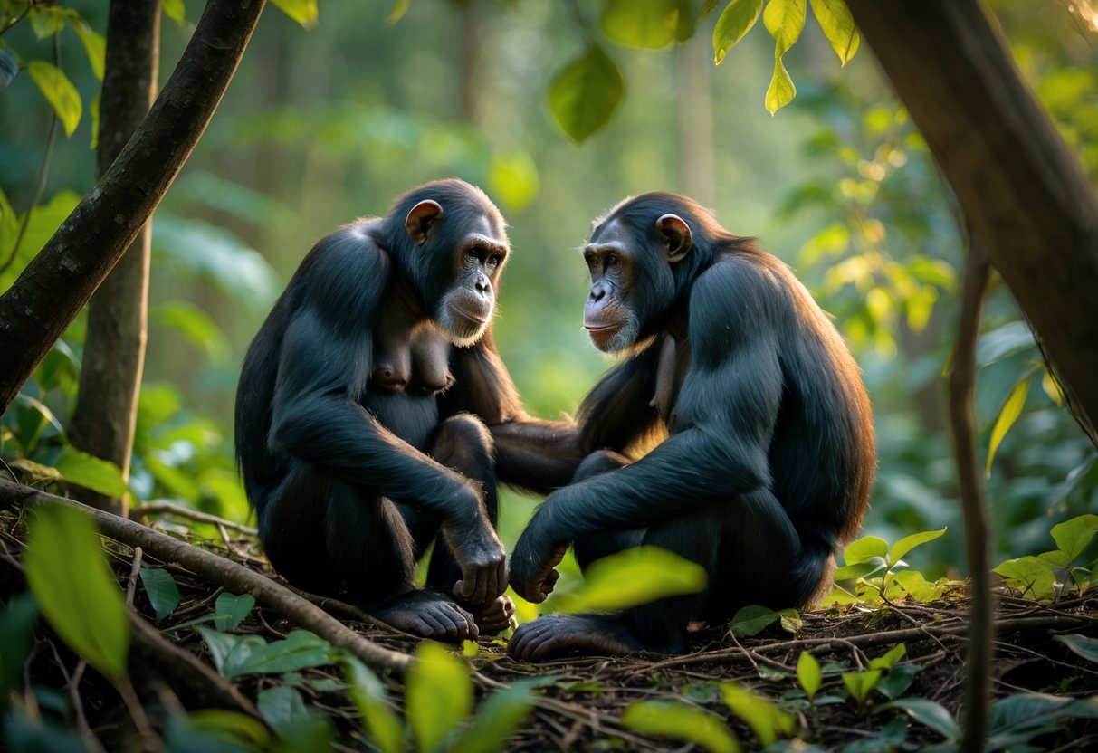Two chimpanzees mating on the forest floor surrounded by green foliage.