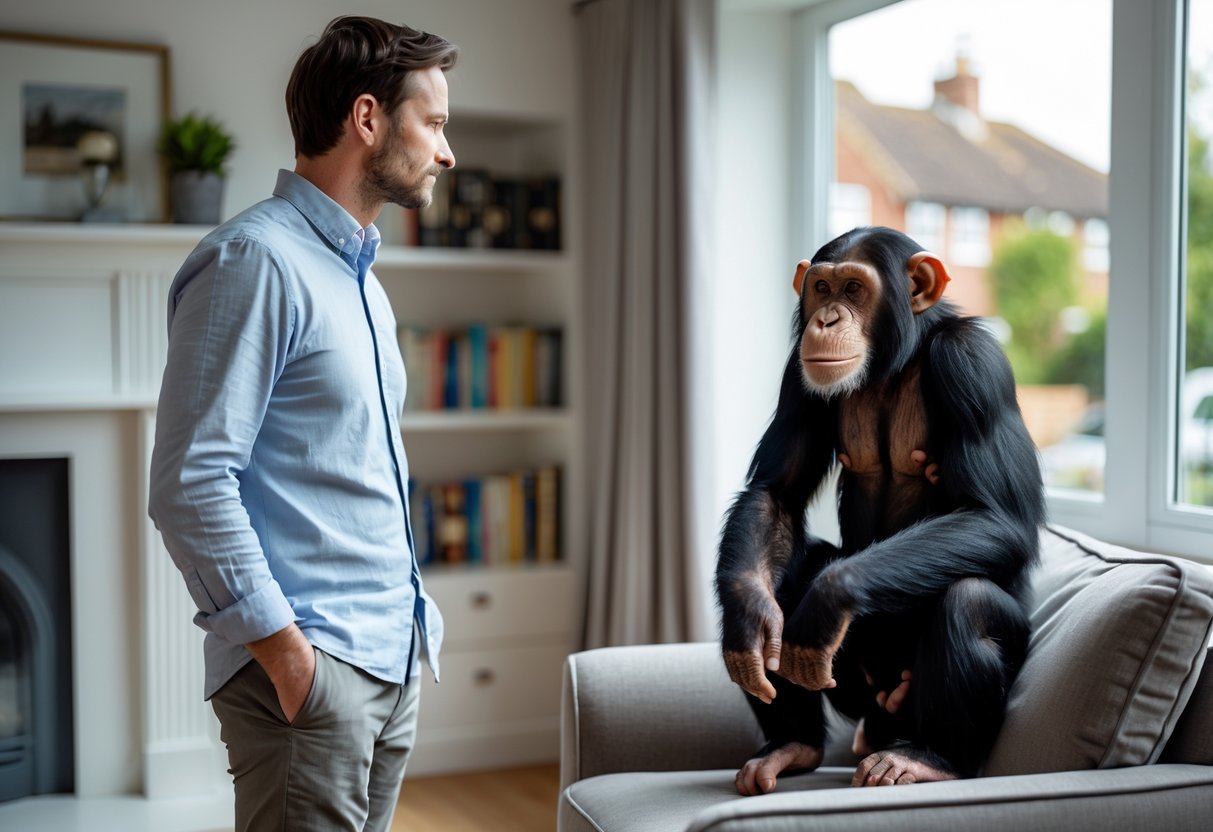 A man in a living room looking thoughtfully at a chimpanzee sitting on an armchair.