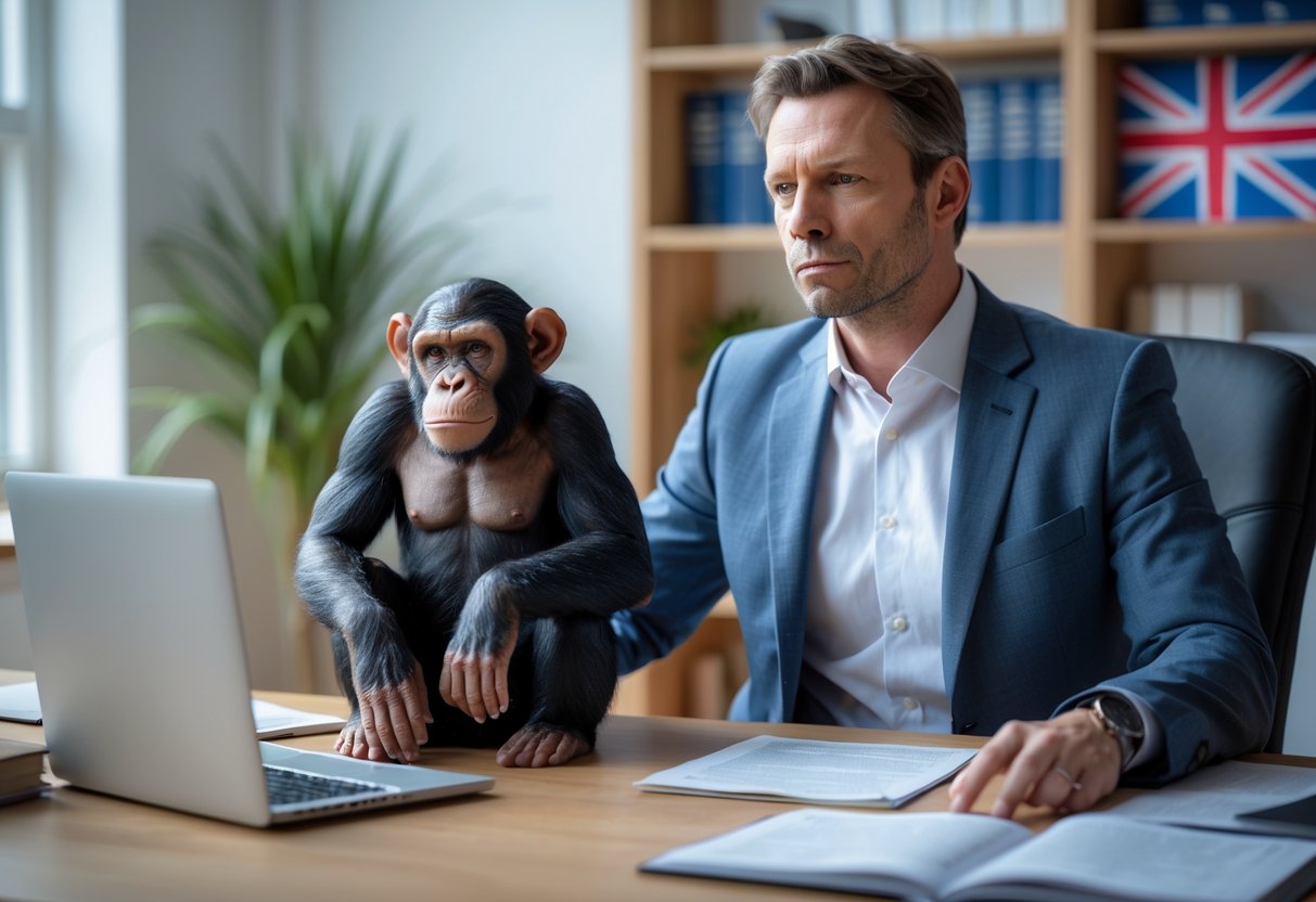 A legal expert sitting at a desk with law books and a chimpanzee model, with a small UK flag in the background.