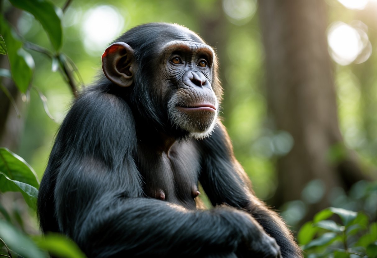 A close-up of a chimpanzee sitting in a forest, looking thoughtfully upward.