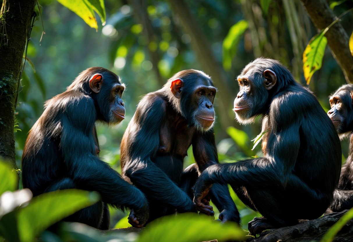 A group of chimpanzees in a forest with a dominant male interacting assertively with a female while others watch.