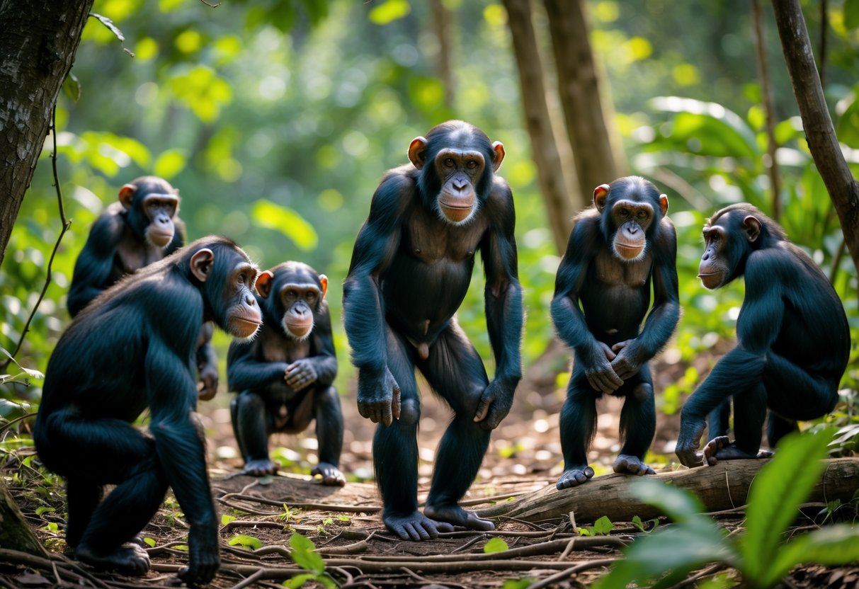 A group of chimpanzees in a forest with a dominant male chimpanzee and several female chimpanzees nearby.