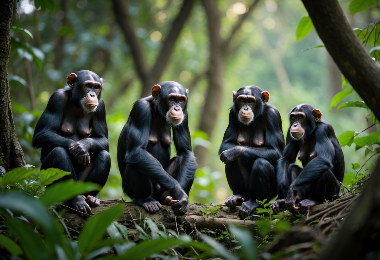 A group of female chimpanzees in a forest, with one appearing distressed and others showing concern.