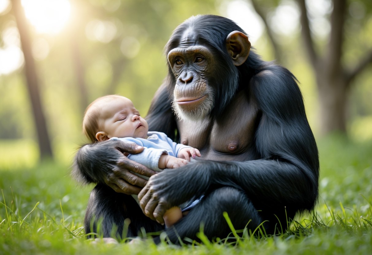 A chimpanzee gently holding a human baby outdoors in a peaceful natural setting.
