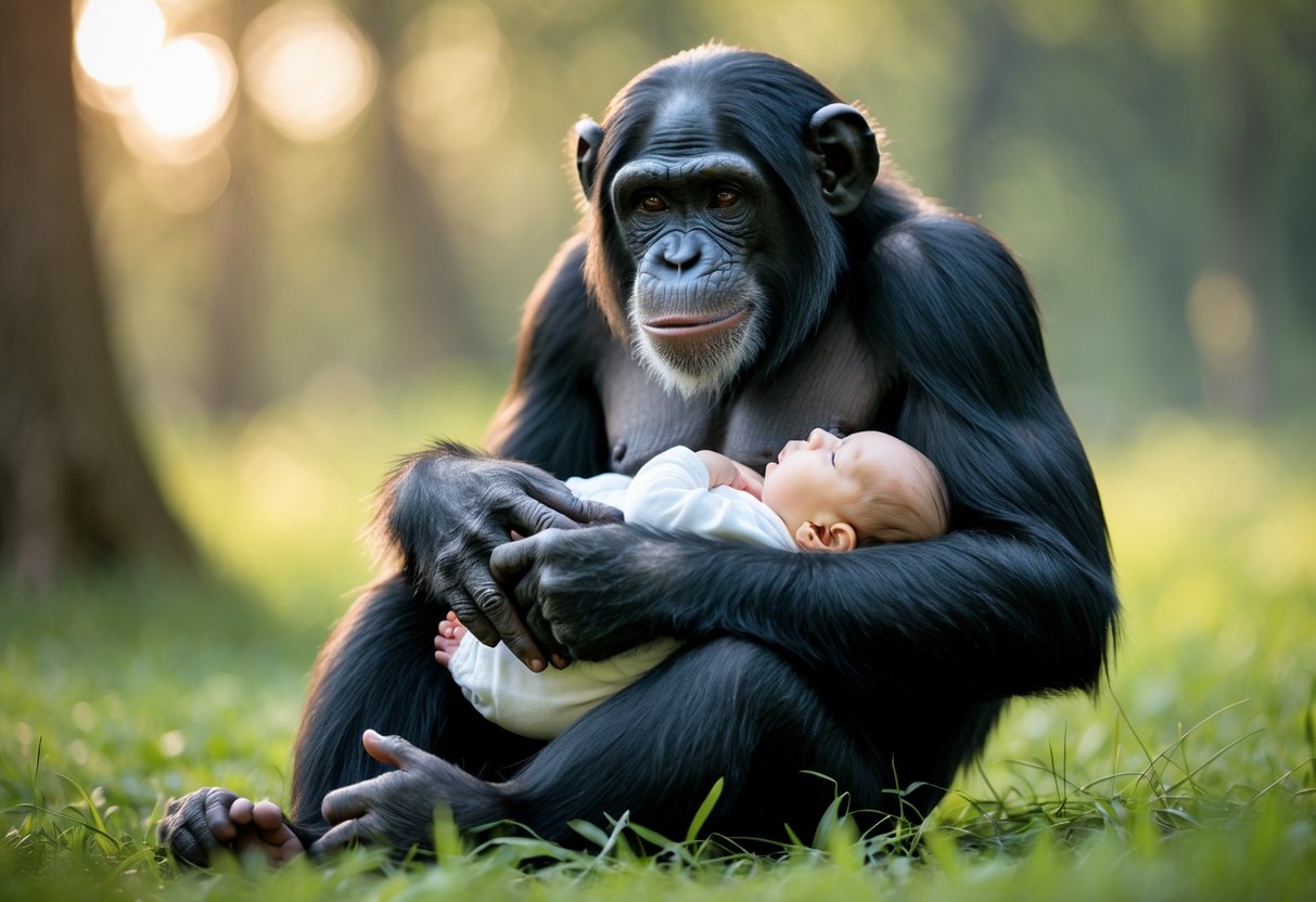 A chimpanzee gently holding a human baby outdoors in a peaceful natural setting.