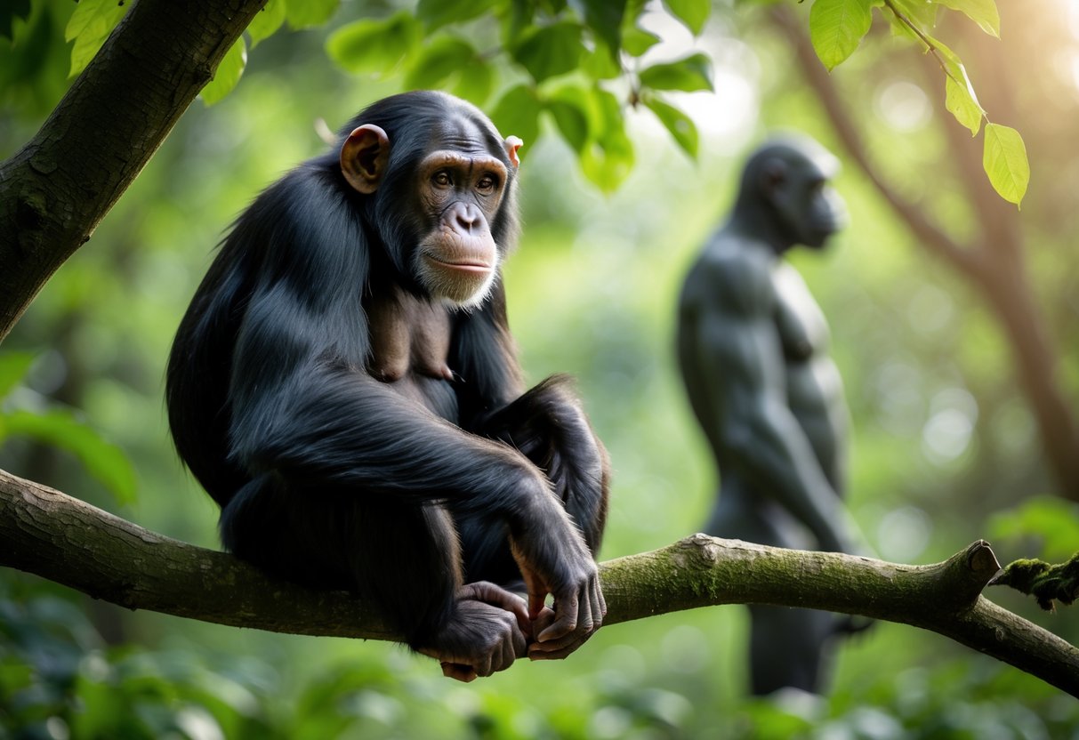 A chimpanzee sitting on a tree branch in a forest, looking towards the camera with a thoughtful expression.