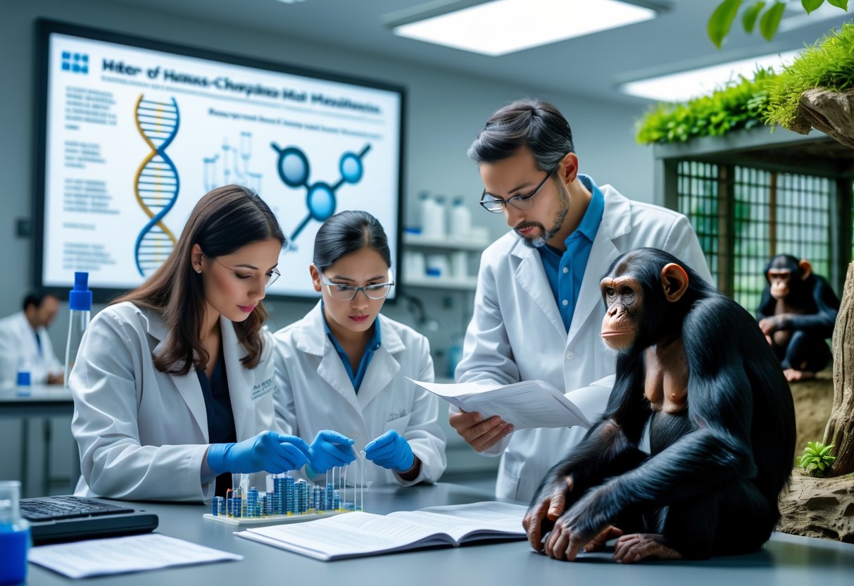 Scientists in a modern laboratory studying DNA with a chimpanzee sitting calmly nearby in an enclosed habitat.