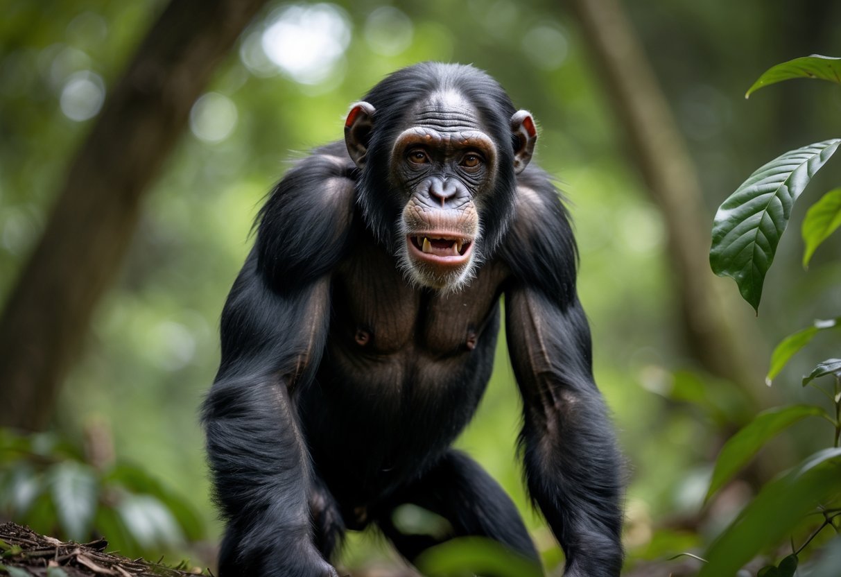 A young adult male chimpanzee in a forest showing subtle signs of aggression with furrowed brows and bared teeth.