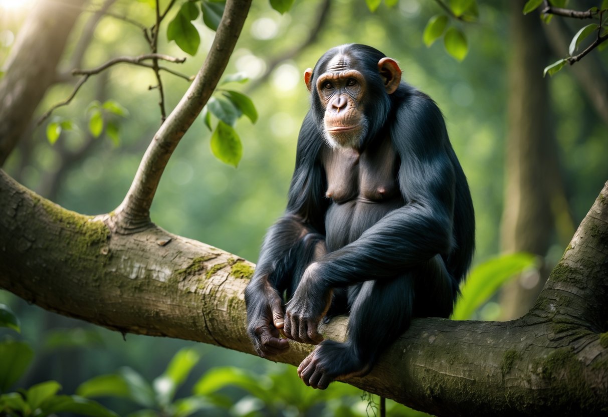 A mature chimpanzee sitting on a tree branch in a forest, looking calm and thoughtful.