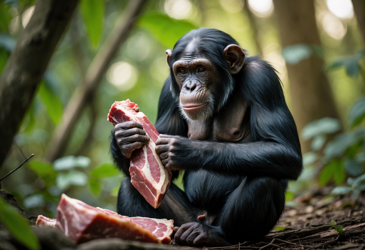 A chimpanzee sitting in a forest holding and looking at a piece of raw meat.