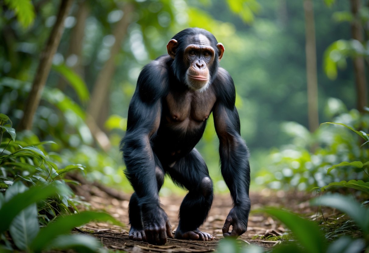 A large adult male chimpanzee standing on a forest floor surrounded by green foliage.