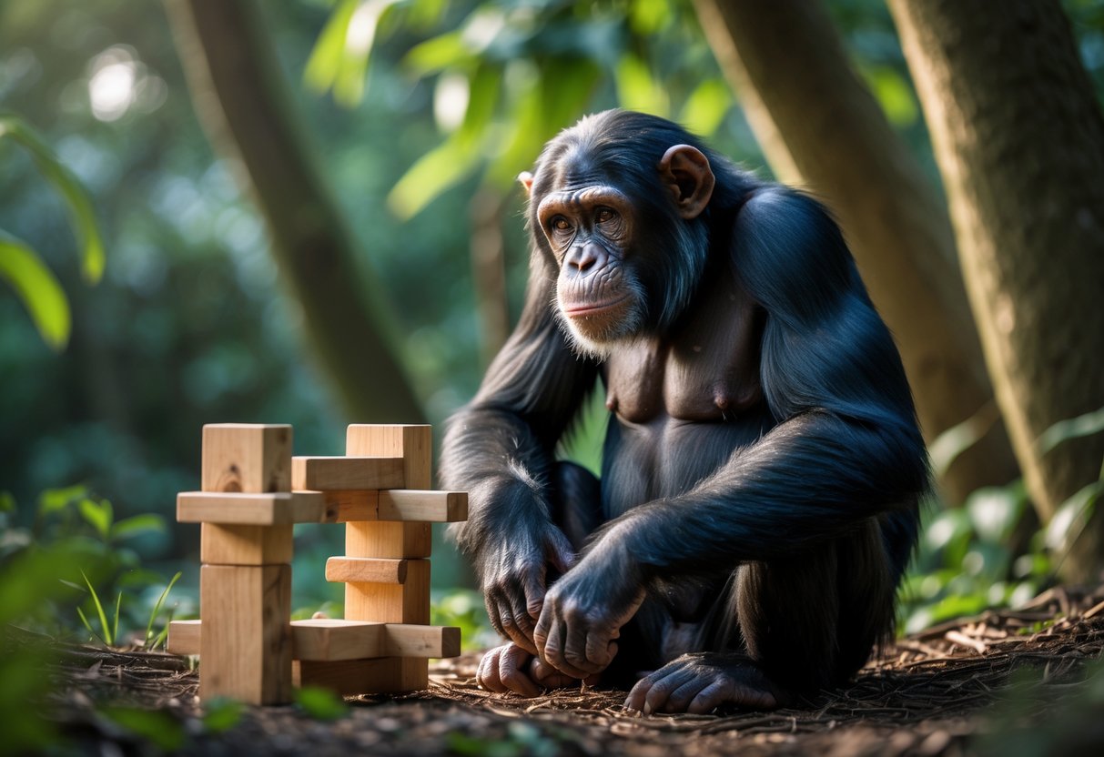 A chimpanzee sitting on the forest floor looking thoughtfully at a wooden puzzle in front of it.
