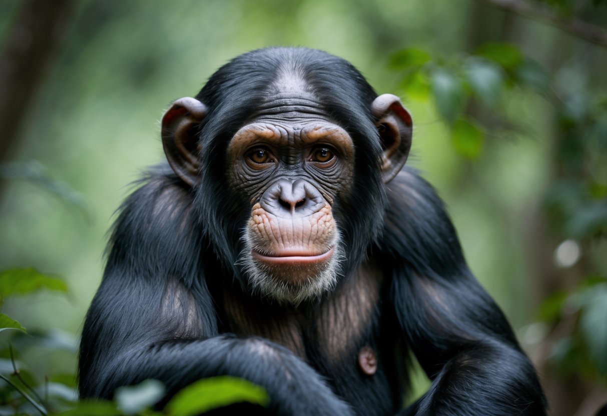 A close-up of a chimpanzee sitting in a forest with a thoughtful expression.