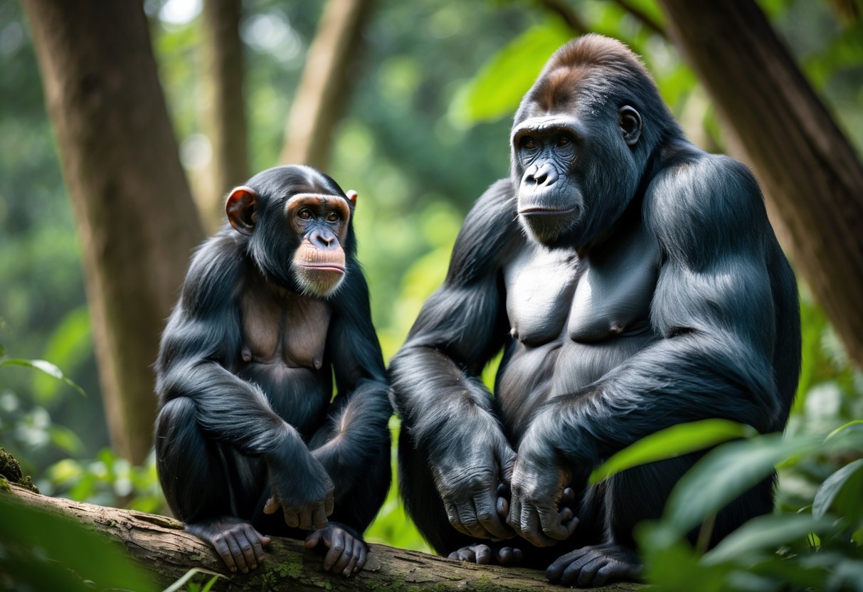 A chimpanzee and a gorilla sitting side by side in a forest, looking at each other with curious expressions.