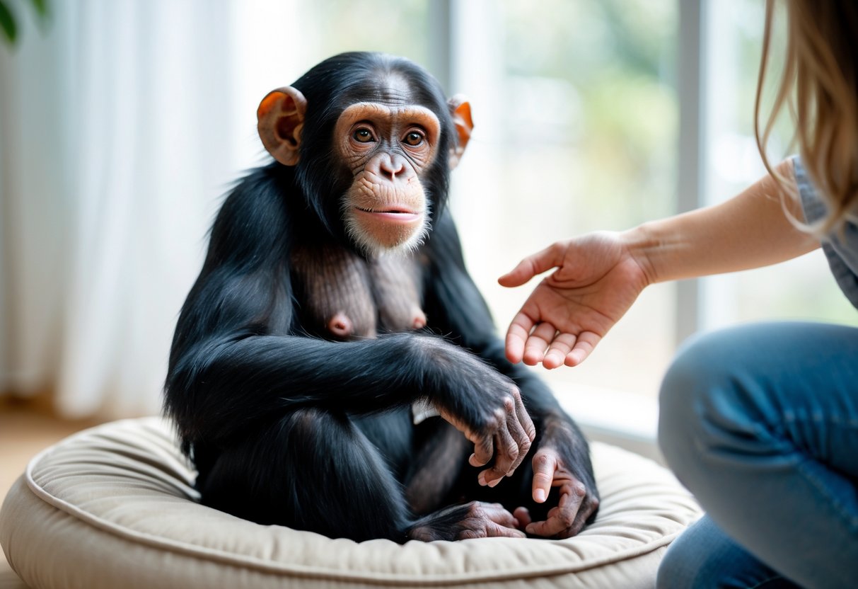 A calm pet chimpanzee sitting on a cushion indoors, gently interacting with a human hand.