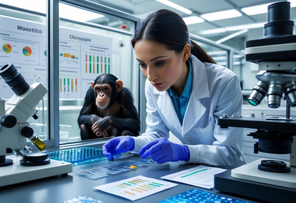 A female scientist in a laboratory examining DNA models with a chimpanzee sitting calmly behind a glass partition.