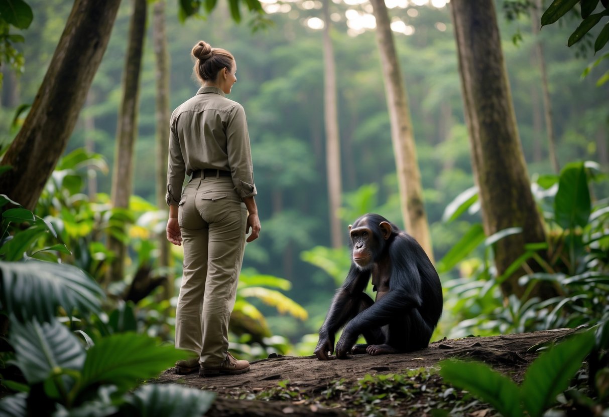 A person standing calmly in a forest facing a sitting chimpanzee at a safe distance.