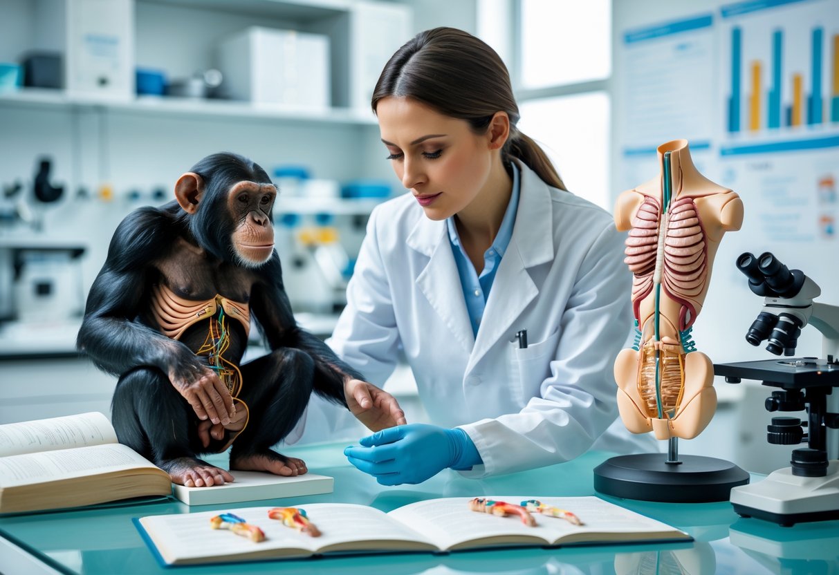 A female scientist in a lab coat studies anatomical models of chimpanzee and human female reproductive systems in a modern laboratory.