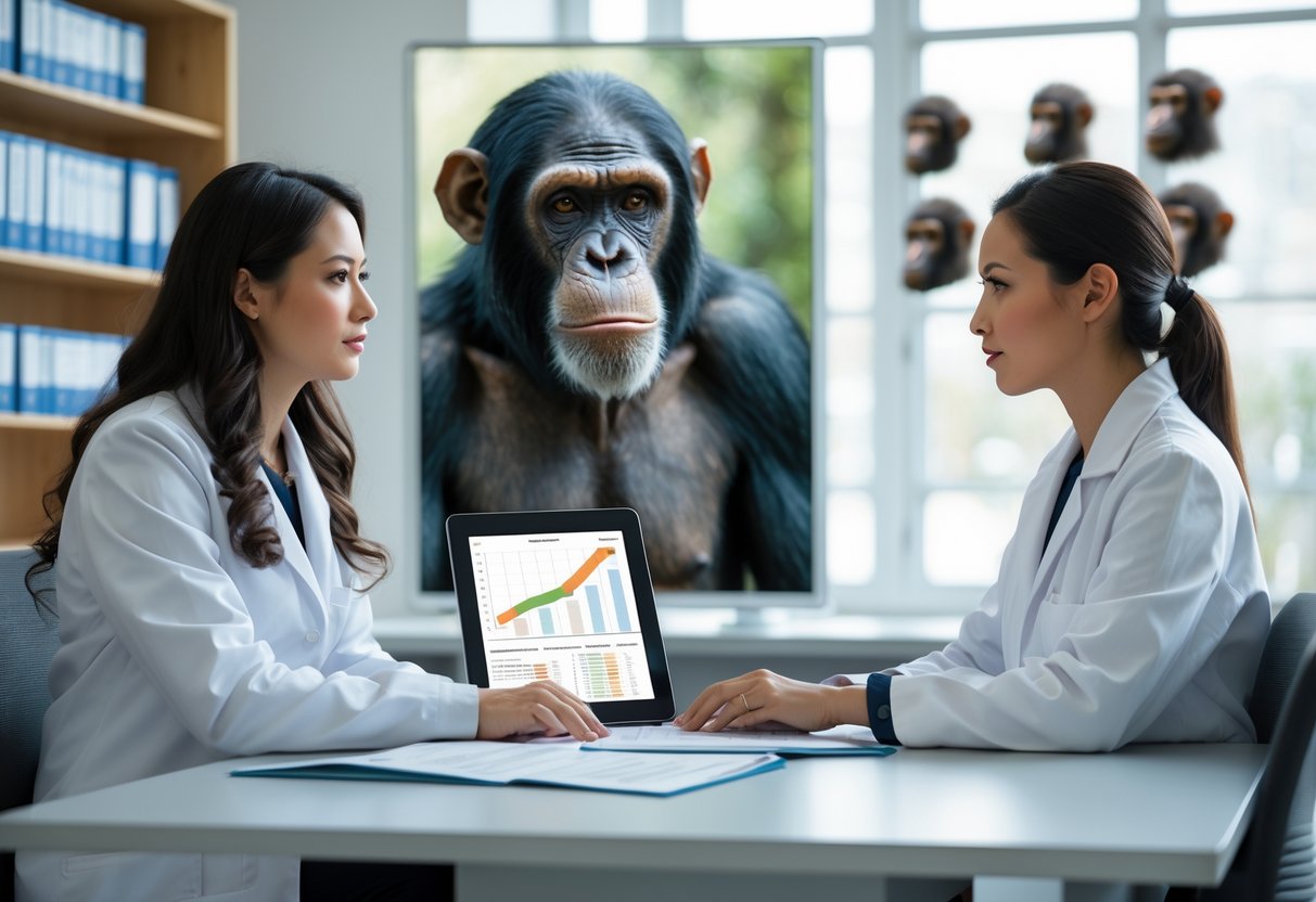 A female scientist in a lab coat studies evolutionary biology charts with a realistic chimpanzee and human woman illustration in the background inside a bright laboratory.