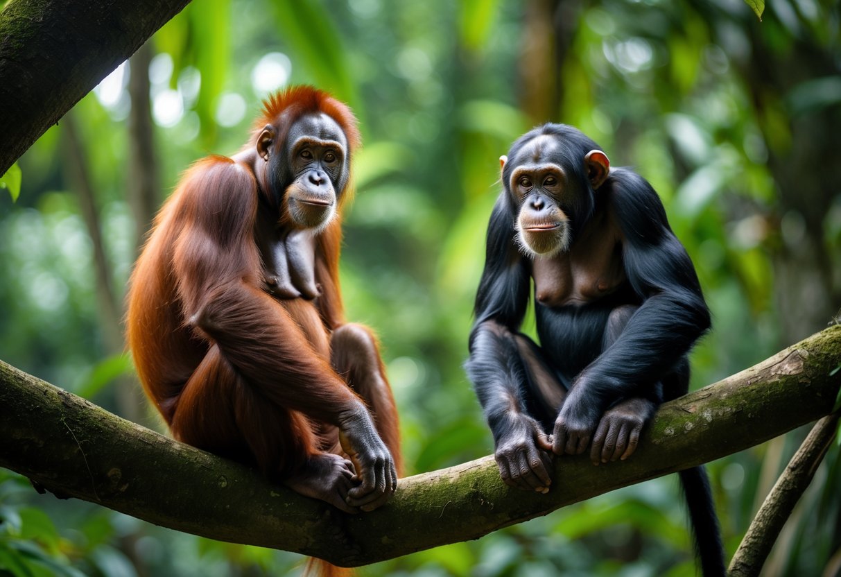 An orangutan calmly sitting on a tree branch and a chimpanzee nearby looking alert in a rainforest setting.
