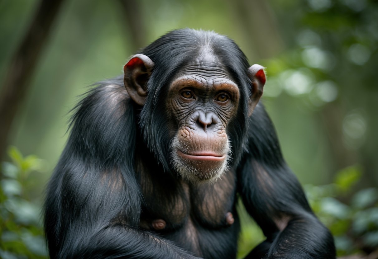 An adult chimpanzee sitting in a forest with a focused and intense expression.