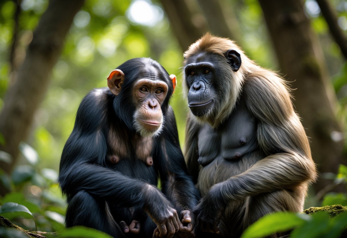 A chimpanzee and a bonobo sitting closely together in a green forest, gently interacting.