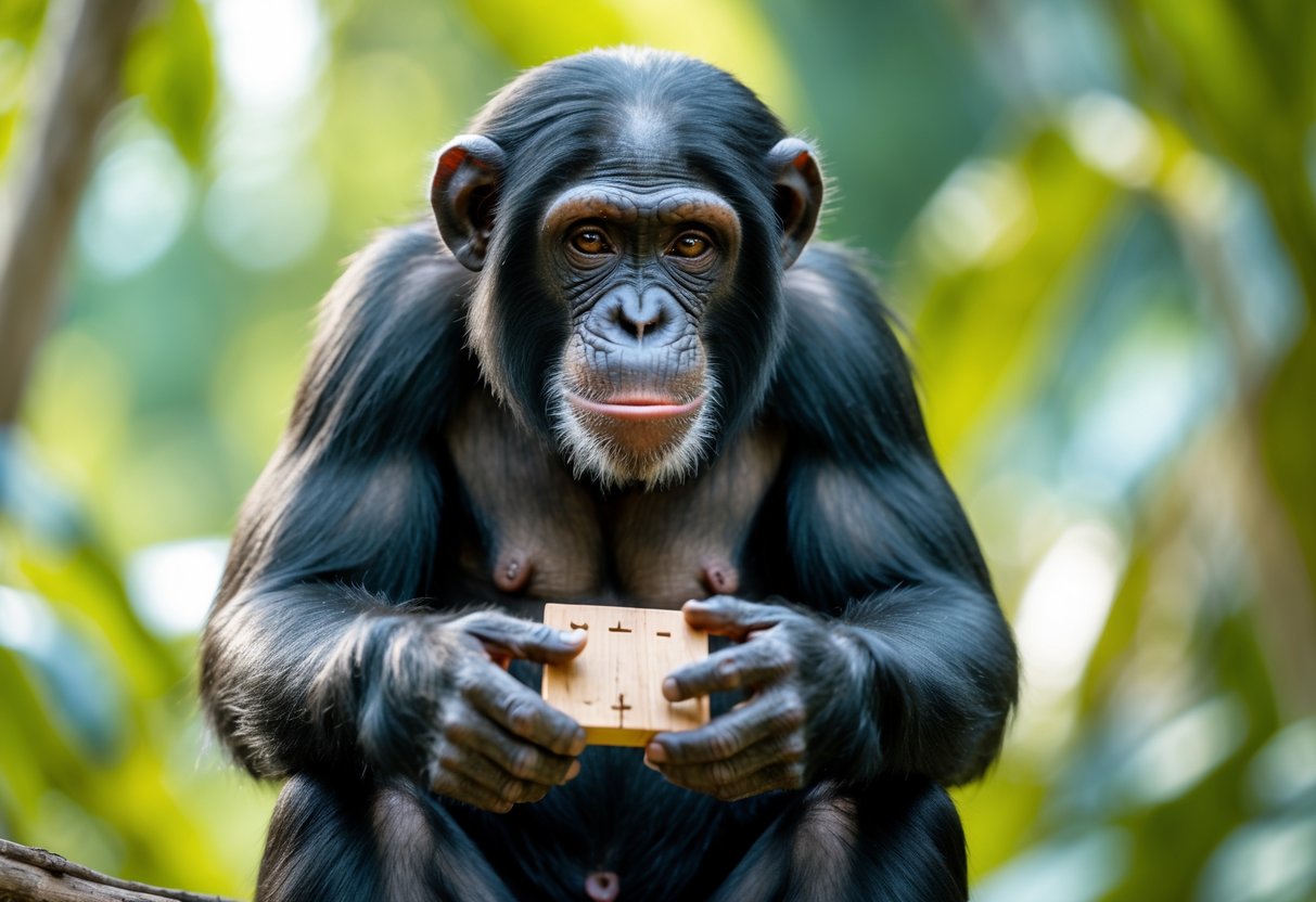 A chimpanzee sitting outdoors holding a small wooden puzzle, looking thoughtful.