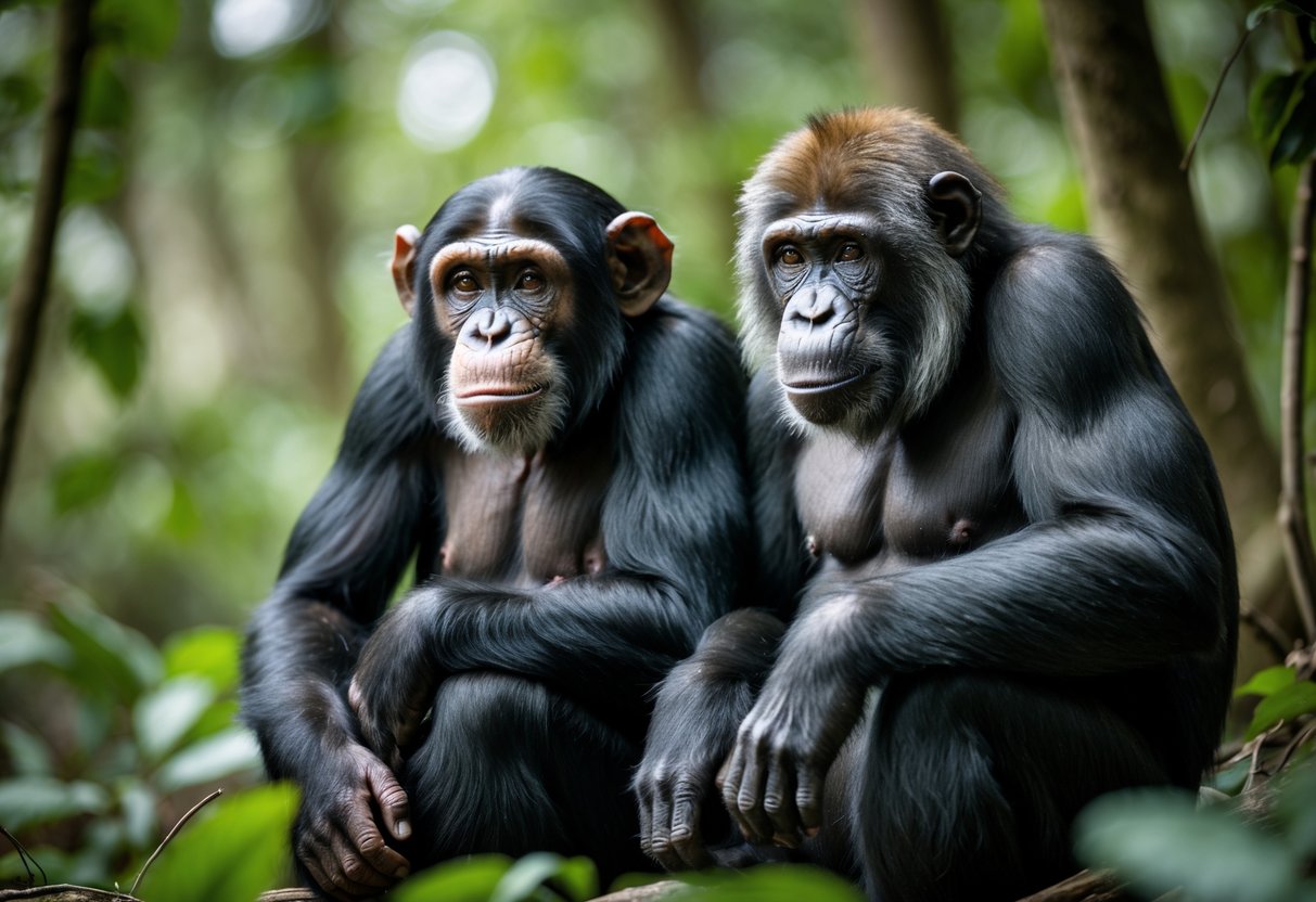 A chimpanzee and a bonobo sitting side by side in a forest setting.