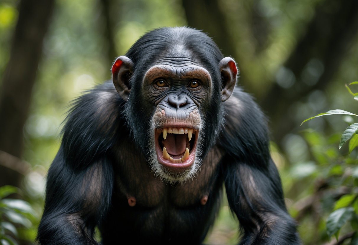 A chimpanzee in a forest showing an aggressive expression with bared teeth and tense posture.